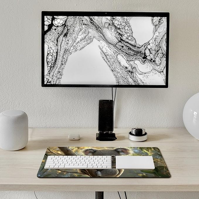 Large Ergonomic Gaming Mouse Pad Baby Koala on Eucalyptus Branch - Adorable Wildlife Theme with Non-Slip Base Water-Resistant Surface and Stitched Edges 30x60cm