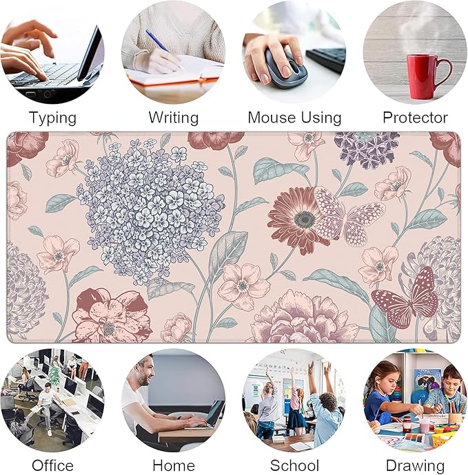 Desk Mat, Vintage Dark Flowers Butterfly XXL 35.4"x15.7"Large Gaming Mouse Pad, 3mm Thick Gaming Keyboard Pad,Desk Pad Non-Slip Rubber Base with Stitched Edges for Office Game Home Decor