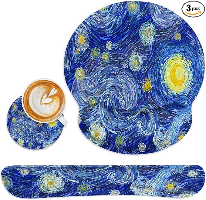 Britimes Ergonomic Mouse Pad Set with Wrist Rest Abstract Night Sky Non-Slip Rubber Base Wrist Cushion Support and Coasters Mousepad with Wrist Support for Computer Keyboard and Desk