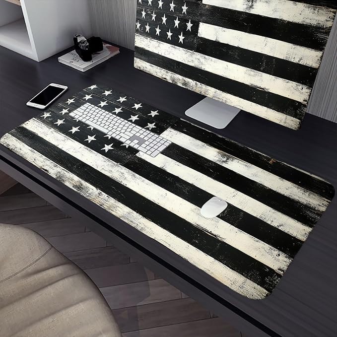 Wood American Flag Gaming Mouse Pad Black and White Stripes Rustic Mousepad XL Large Gaming Mouse Pad Laptop Keyboard Mat Desk Pad 31.5"x11.8" Office Computer Keyboard Laptop Home