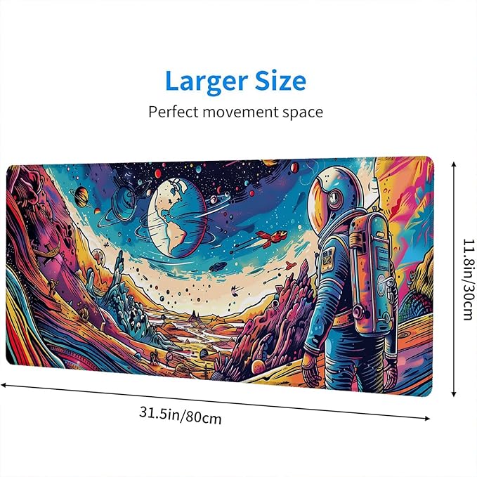 Space Planet Desk Mat Astronaut Spaceship Cosmic Large Gaming Mouse Mat with Stitched Edges,Non-Slip Waterproof Rubber Base Mous Mat 31.5"x11.8" Office Computer Keyboard Laptop Home