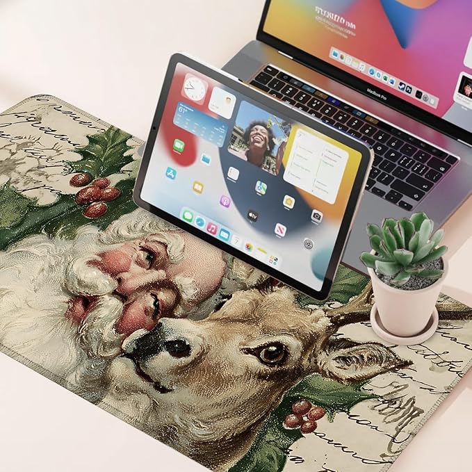 Desk Mat, XXL Extended Gaming Pad for Desktop, 31x12 Inches Santa and Reindeer Classic Scene, Large Non-Slip Vegan Leather Keyboard Mouse Mat for Home Office