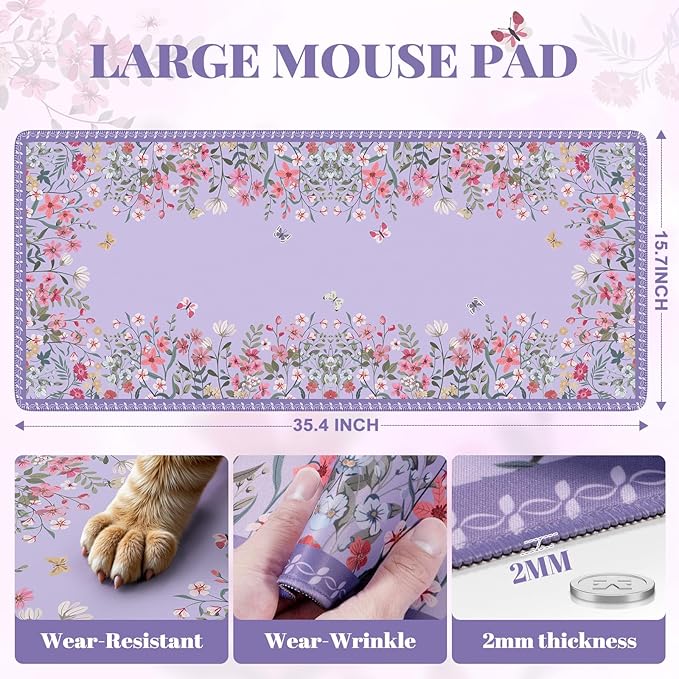 iCasso Desk Mat for Keyboard and Mouse,Cute Desk Pad Large,Anti-Slip Floral Computer Mat for Women,Girly Gaming Mouse Pad for Home Office (Purple)