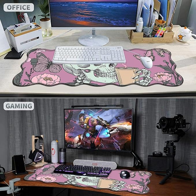 Skull Coffee Pink Large Gaming Mouse Pad Plus a Coaster, 31.5 x 11.8 inches Desk Mat Extended XL Mousepad with Stitched Edge Non-Slip Rubber, Desk Pad Computer Mouse Mat for Home Office