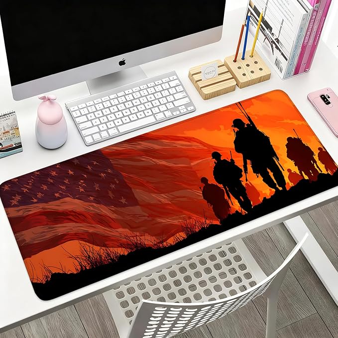 Desk Mat, XXL Extended Gaming Pad for Desktop, 31x12 Inches Patriotic Soldier Silhouette with Flag, Large Non-Slip Vegan Leather Keyboard Mouse Mat for Home Office