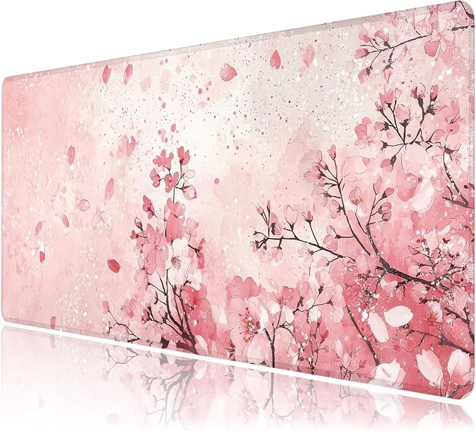 Desk Mat, Japanese Cherry Blossom XXL 35.4"x15.7"Large Gaming Mouse Pad, 3mm Thick Gaming Keyboard Pad,Desk Pad Non-Slip Rubber Base with Stitched Edges for Office Game Home Decor