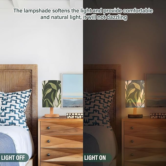 Green Leaf LED Table Lamp, Bedside Lamp with Linen Lampshade, Flicker-Free Eye Care USB Plug in Nightstand Lamp, for Bedroom and Office