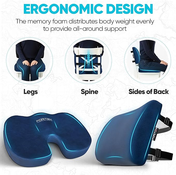 FORTEM Seat Cushion, Office Chair Cushion, Lumbar Support Pillow for Office Chair, Memory Foam Ergonomic Coccyx & Lumbar Support, Car Sitting Pad, Washable Non-Slip
