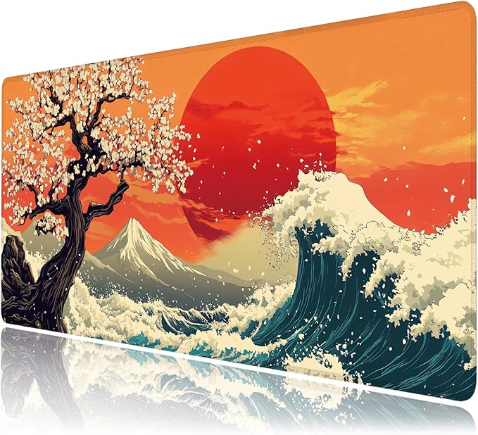 Desk Mat, Japanese Sea Wave XXL 35.4"x15.7"Large Gaming Mouse Pad, 3mm Thick Gaming Keyboard Pad,Desk Pad Non-Slip Rubber Base with Stitched Edges for Office Game Home Decor