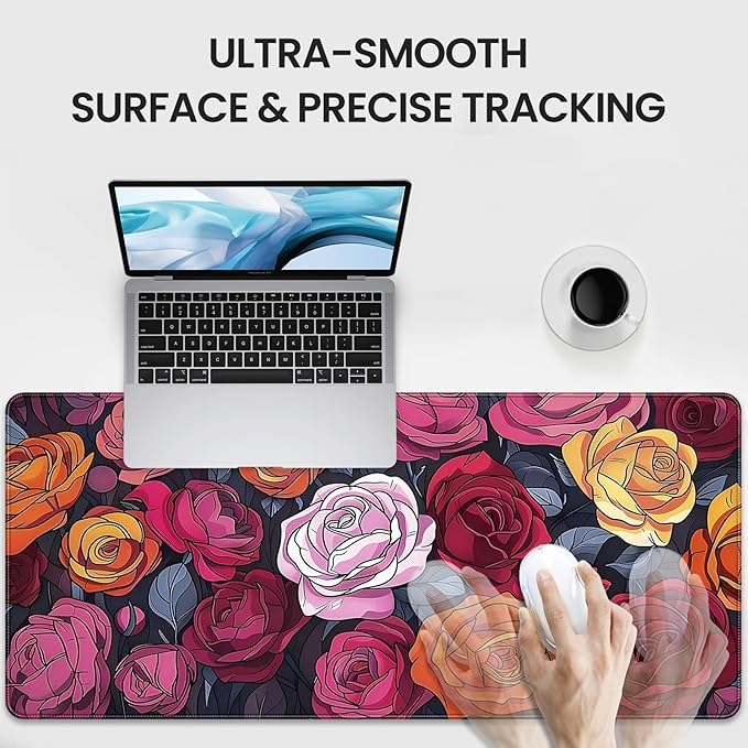 XXL Gaming Mouse Pad, Vintage Roses Floral Design, 35.4 x 15.7 Inches, Non-Slip Rubber Base, Microfiber Cloth, Extended Rectangular Desk Mat