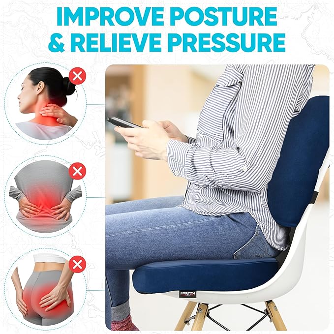 FORTEM Seat Cushion, Office Chair Cushion, Lumbar Support Pillow for Office Chair, Memory Foam Ergonomic Coccyx & Lumbar Support, Car Sitting Pad, Washable Non-Slip