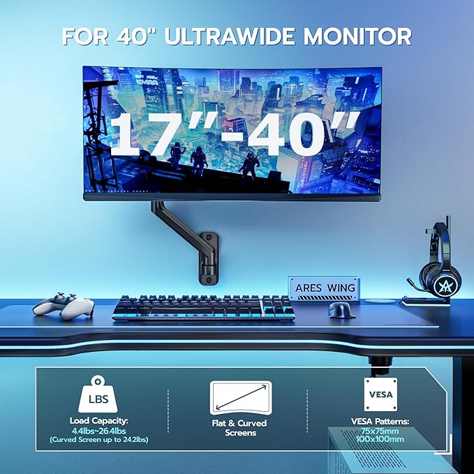 ARES WING Single Monitor Wall Mount for 17-40 Inch Ultrawide Screens, Heavy Duty Monitor Arm Up to 26.4 lbs, Fully Adjustable Wall Mount, VESA 75x75/100x100 Compatible, Black