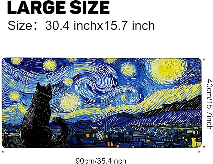 Large Mouse Pad 35.4x15.7 Inch Black Cat Under Starry Night Gaming Desk Mat with Non-Slip Rubber Base, Stitched Edges for Gaming,Office