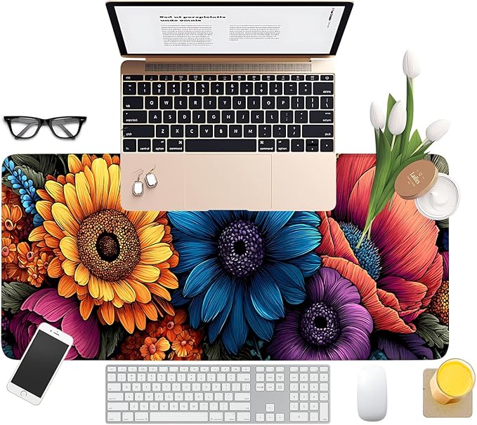 Spring Flowers Extended Gaming Mouse Pad 31.5x11.8inches Large Desk Mat Anti-Slip Rubber Base & Durable Stitched Edges for Gamers Smooth Mouse Writing Surface for Desk Office/Home