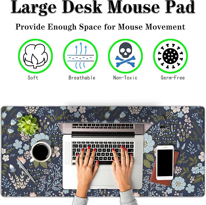 Office Desk Pads Floral Pattern Jumbo Mouse Pad Gaming Mousepad Large Mouse Pads The Desk Mat Non-Slip Rubber Base Waterproof with Stitched Edges 35.4 X 15.7 for Game Office,