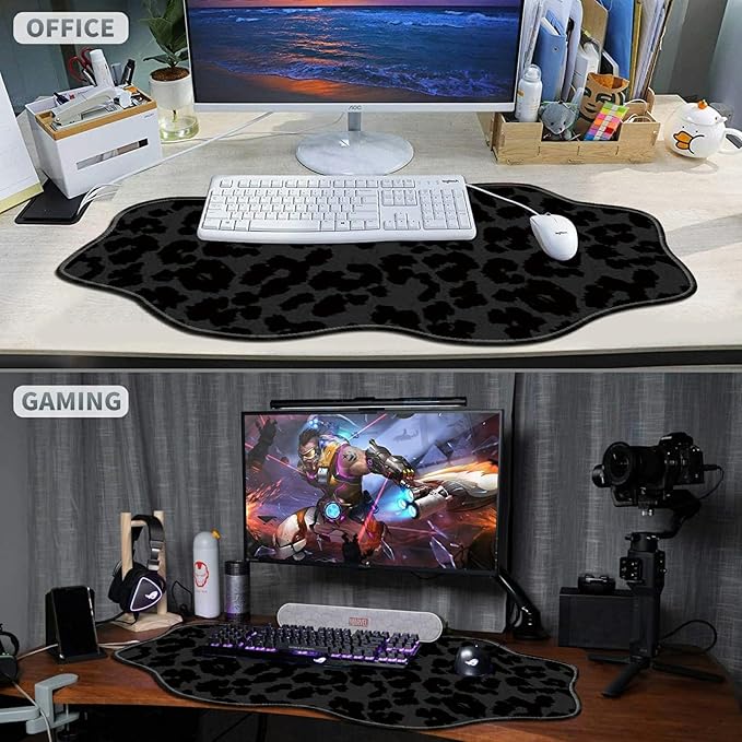 Black Leopards Large Gaming Mouse Pad Plus a Coaster, 35.4 x 15.7 inches Desk Mat Extended XXL Mousepad with Stitched Edge Non-Slip Rubber, Desk Pad Computer Mouse Mat for Home Office