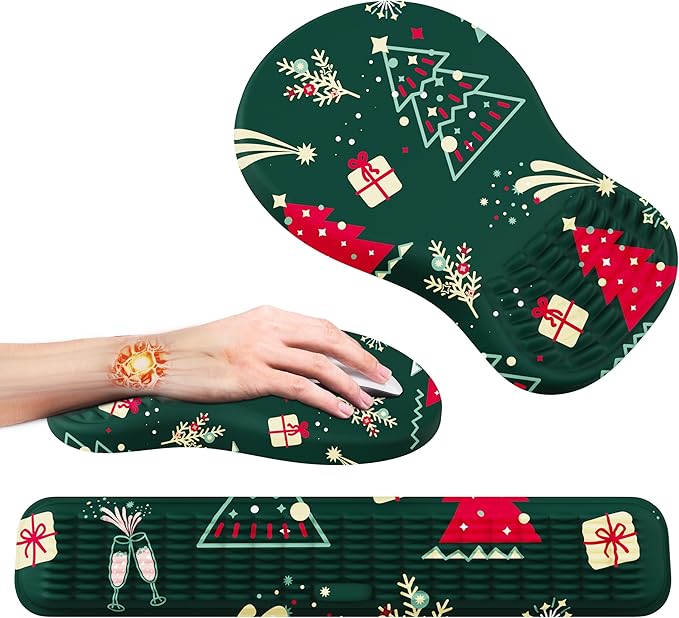 MEKASS Christmas Mouse Pad Ergonomic Mouse Pad and Keyboard Wrist Rest Set, Memory Foam Desk Wrist Support for Computer Keyboard, Non-Slip Wrist Rest for Typing Gaming Office (Green Christmas Tree)