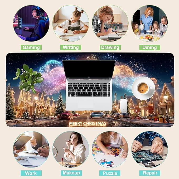 Desk Mat, XXL Extended Gaming Pad for Desktop, 35x16 Inches Magical Castle Fairytale Scene, Large Non-Slip Vegan Leather Keyboard Mouse Mat for Home Office