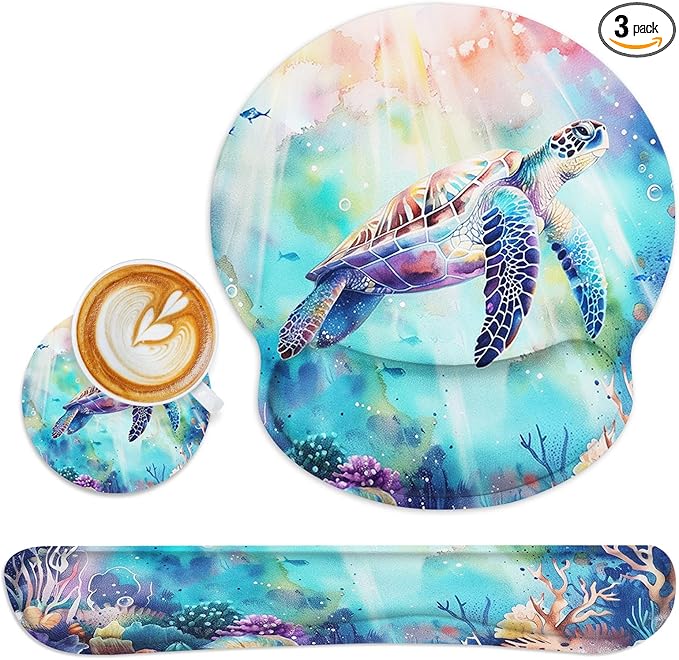 Britimes Sea Turtle Coral Reef Sea World Ergonomic Mouse Pad Set with Wrist Rest Non-Slip Rubber Base Wrist Cushion Support and Coasters Mousepad with Wrist Support for Computer Keyboard and Desk