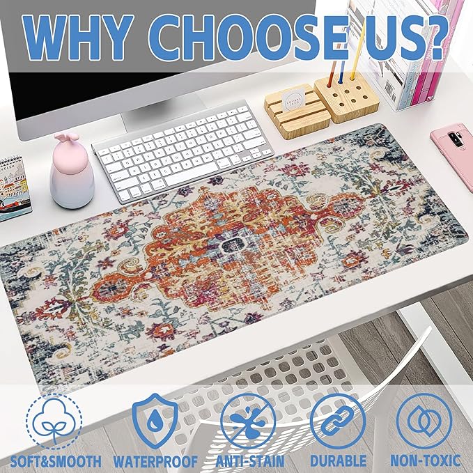 Large Gaming Mouse Pad for Desk,Boho Carpet Style Desk Mat for Desktop,Boho Rug Desk Pad, Extended Big Computer Keyboard Mouse Pad with Non-Slip Base and Stitched Edges 31.5"x11.8"