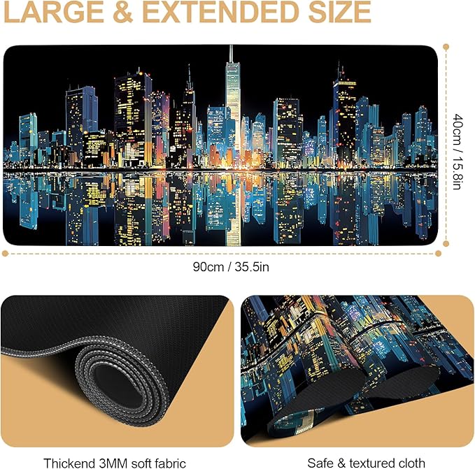Large Mouse Pad & Keyboard Mat 35x16 Inches, Modern City Nightscape with Neon Lights Non-Slip Rubber Base Desk Mat, Large Extended Desk Protector for Home Office Gaming Setup
