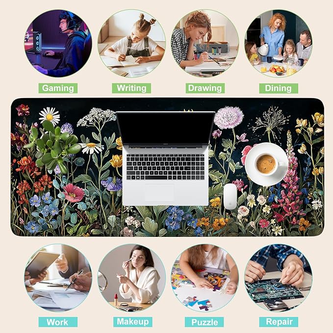 Desk Mat, XXL Extended Gaming Pad for Desktop, 35x16 Inches Dark Floral Art on Dark Background, Large Non-Slip Vegan Leather Keyboard Mouse Mat for Home Office