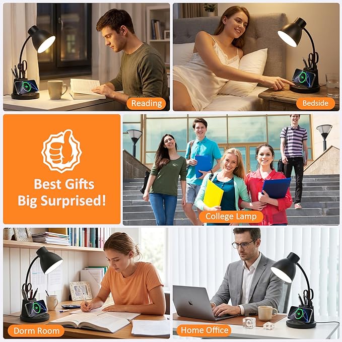 Sailstar Desk Lamp with Wireless Charger, 3 Color Modes Dimmable Desk Lights with Pen Holder, 800LM CRI 95+ Neck Flexible Desk Lamp for Home Office, College Dorm, Studying, Working, Adapter Included