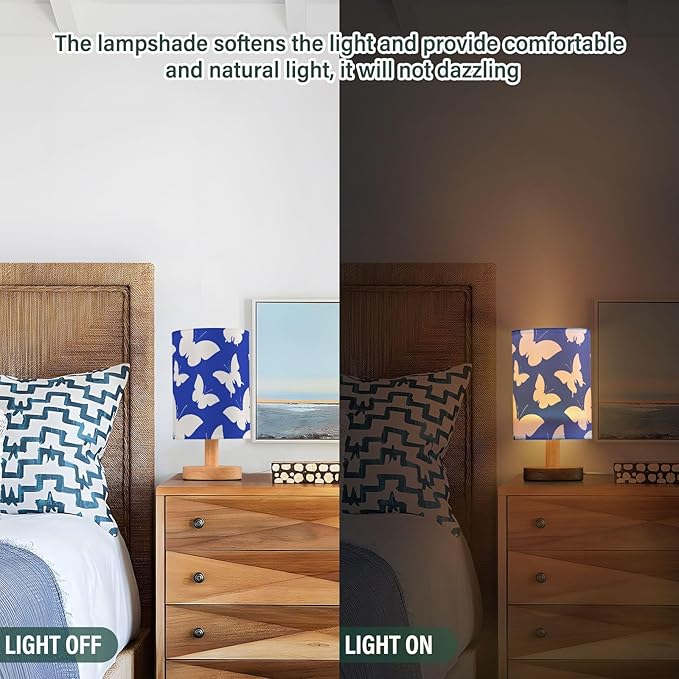 White Butterfly LED Table Lamp, Bedside Lamp with Linen Lampshade, Flicker-Free Eye Care USB Plug in Nightstand Lamp, for Bedroom and Office