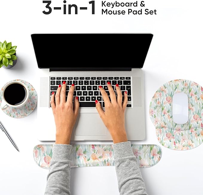 Ergonomic Keyboard Mouse Pad Wrist Rest Support Set for Laptop/Computer/Desktop,Memory Foam Hand Rest Wrist Cushion for Gaming/Office,Lightweight Comfortable (Watercolor Flowers)