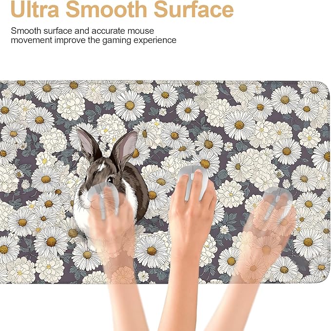 Large Mouse Pad & Keyboard Mat 35x16 Inches, Cute Rabbit in White Daisy Field Non-Slip Rubber Base Desk Mat, Large Extended Desk Protector for Home Office Gaming Setup