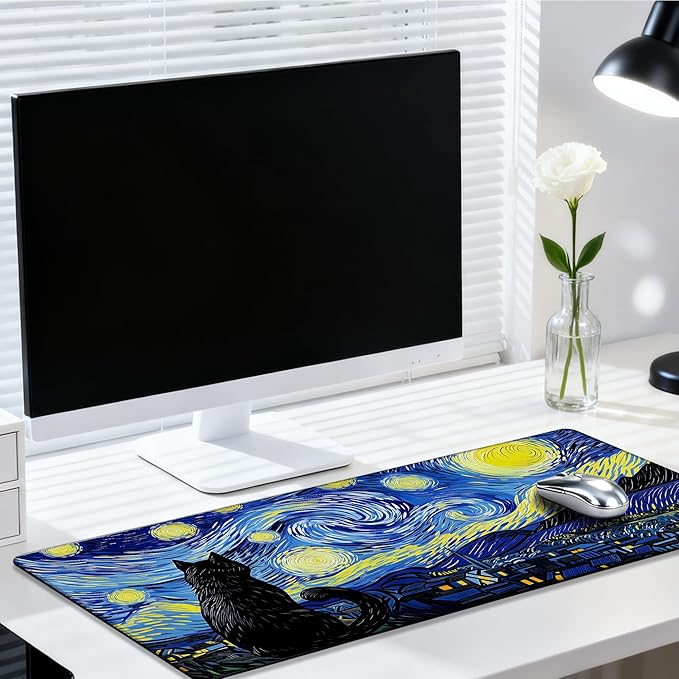 Large Mouse Pad 35.4x15.7 Inch Black Cat Under Starry Night Gaming Desk Mat with Non-Slip Rubber Base, Stitched Edges for Gaming,Office
