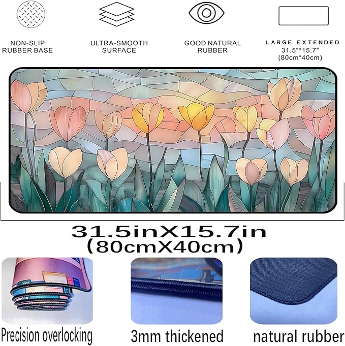 Faux Colorful Glass Desk Mat, Tulip Long Mouse Pad, Large Gaming Computer Keyboard Mats, Soft Full Deskamt, Office Desktop Cover Pad, Aesthetic Desk Accessories, Suitable Women 31.5"X15.7"
