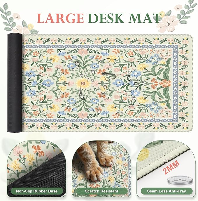 iLeadon Green Floral Desk Cover Mat, Computer Mouse Pad and Keyboard Wrist Rest, Non-Slip Base Keyboard Wrist Rest and Mouse Pad Set, Office Desk Mat Cute for Women (Light Green)