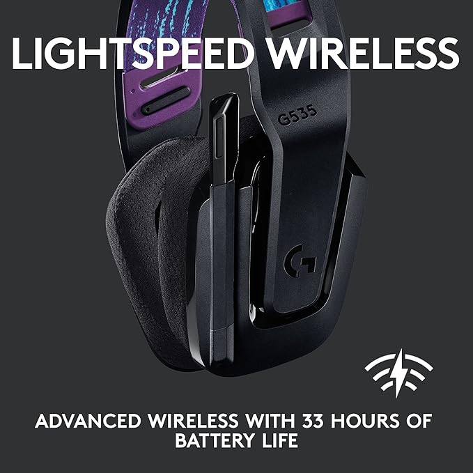 Logitech G535 Lightspeed Wireless Gaming Headset - Lightweight on-Ear Headphones, flip to Mute mic, Stereo, USB Rechargeable - Black