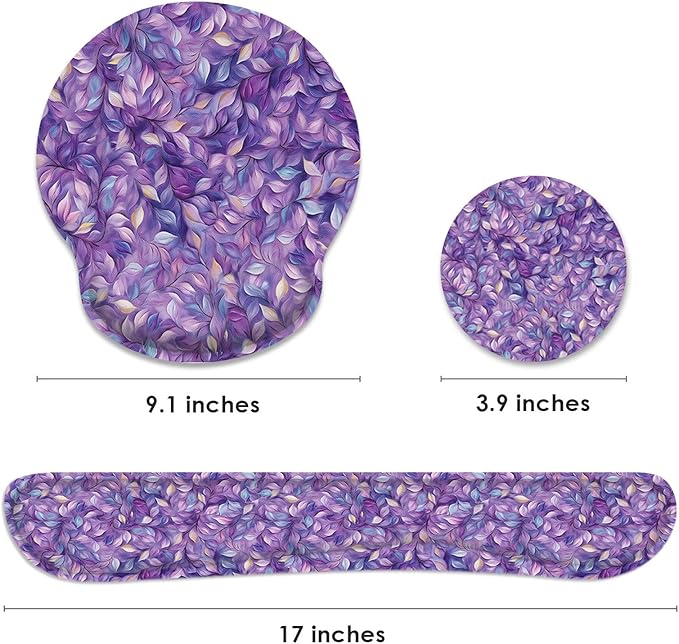 Britimes Purple Leaves Oil Painting Ergonomic Mouse Pad Set with Wrist Rest Non-Slip Rubber Base Wrist Cushion Support and Coasters Mousepad with Wrist Support for Computer Keyboard and Desk
