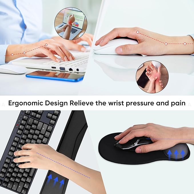 Wrist Rest Support for Mouse Pad Keyboard Set Circle Coaster Gaming Mouse Pad Ergonomic Gel Memory Foam Set for Computer, Laptop, Office, Comfortably Typing Black KM-33