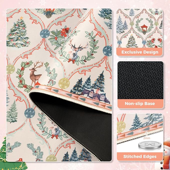 iCasso Christmas Desk Mat, Beige Mouse Pad, Desk Protector Mat, Extra Large Office Matt for Desktop,Anti-Slip XXL Big Mousepad with Stitched Edges for Computer Keyboard