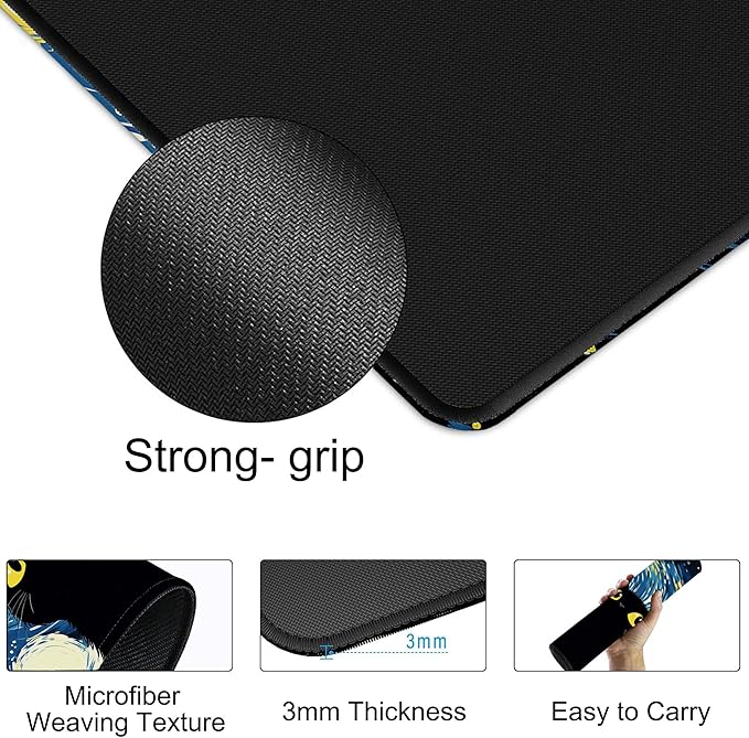 Large Mouse Pad 35.4x15.7 Inch Starry Night Black Cat Gaming Desk Mat with Non-Slip Rubber Base, Stitched Edges for Gaming,Office