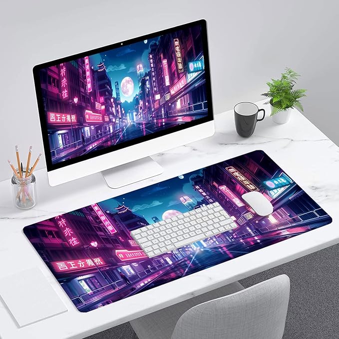 Tokyo Anime City Gaming Mouse Pad Cyberpunk Neon Streets Large Gaming Mouse Mat with Stitched Edges,Non-Slip Waterproof Rubber Base Mous Mat 31.5"x11.8" Office Computer Keyboard Laptop Home
