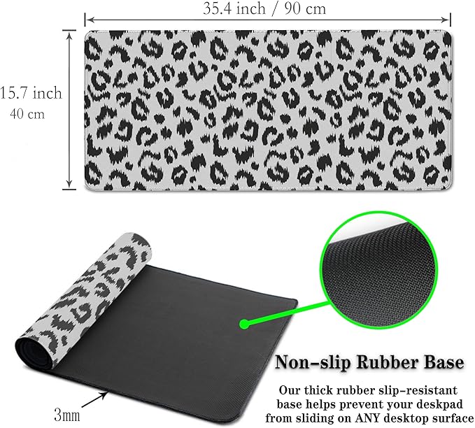 Large Gaming Mouse Pad - White and Black Desk Mats, Non-Slip Rubber Base 35.4 X 15.7 for Game Office, Leopard Print