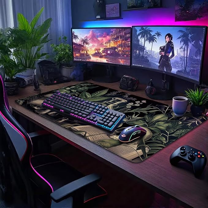 Gothic Dark Botanical Large Gaming Mouse Pad 31.5"x15.7"｜XXL Desk Mat, Non-Slip Rubber Base & Stitched Edges - Extended Waterproof Mousepad for PC/Laptop/Office/Home Decor