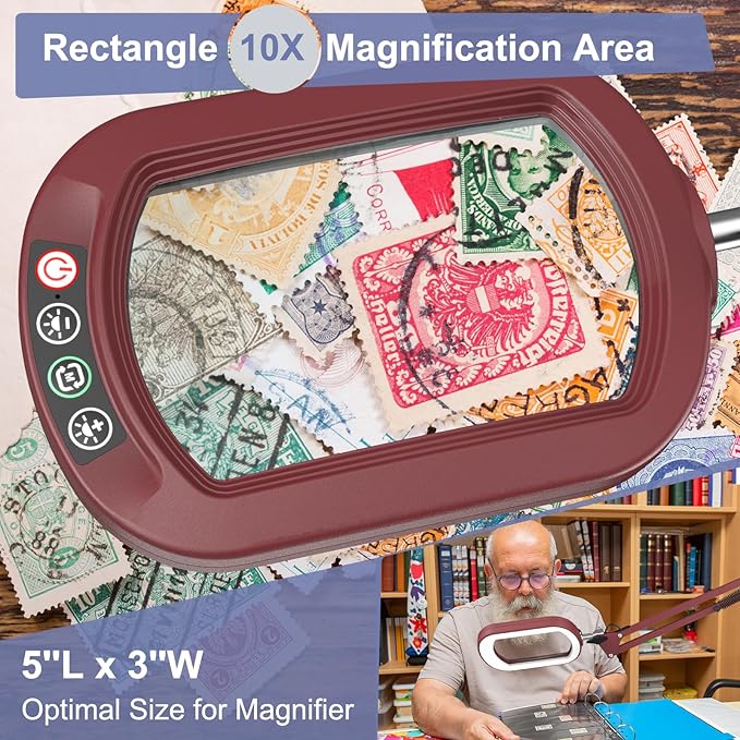 10X Extra Long Magnifying Glass with Light and Clamp, Real Glass, 5 Color Modes, Stepless Dimmable, Dual 16-inch Swing Arm, Lighted Magnifier Hands Free for Close Work, Craft, Reading, Painting, Red