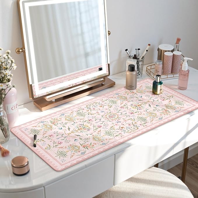 HAOCOO French Floral Desk Mat, Pink Desk Cover Mat, 35.4" x 15.7" Cute Long Mouse Pad, Aesthetic Flower Desktop Mat Accessories, Waterproof Teacher Desk Mat for Work, Study