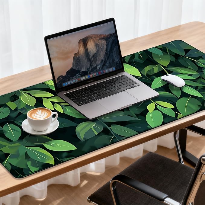 Large Mouse Pad 35.4x15.7 Inch Black Cat Hides Among The Green Leaves Gaming Desk Mat with Non-Slip Rubber Base, Stitched Edges for Gaming,Office