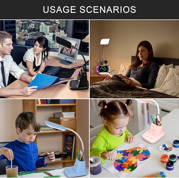Desk Lamp with Wireless Charger - LED Desk Lamps for Home Office with Pen Holder, 800LM, 3 Color Modes, Flexible Arm, Eye-Caring White Table Lamps for Home College Dorm Room