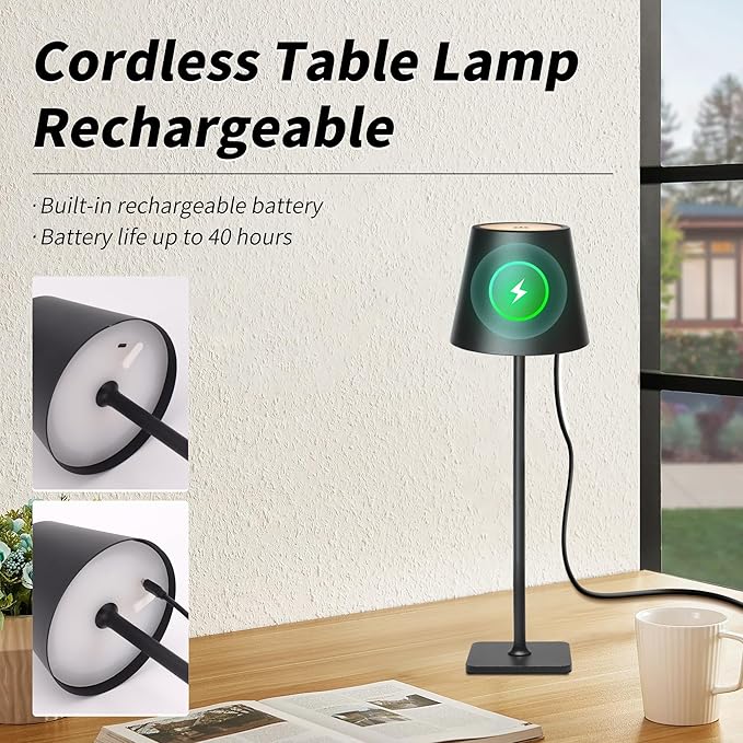 Mr. White Outdoor Waterproof Cordless Wireless Rechargeable Portable Top Touch Battery Operated Powered LED Table Lamp Desk Lamp Lights for Restaurant Kitchen Patio Dinner Dining (Black)