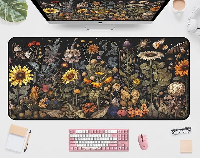 Retro Mouse Pad XXL， Flower Sunflower Plant Desk Mat, Long Computer Mat, Gaming Mouse Keyboard Mats, Full Desktop Protector, Nature-Inspired Decoration Home Office Desk Accessory 31.5" x 15.7"
