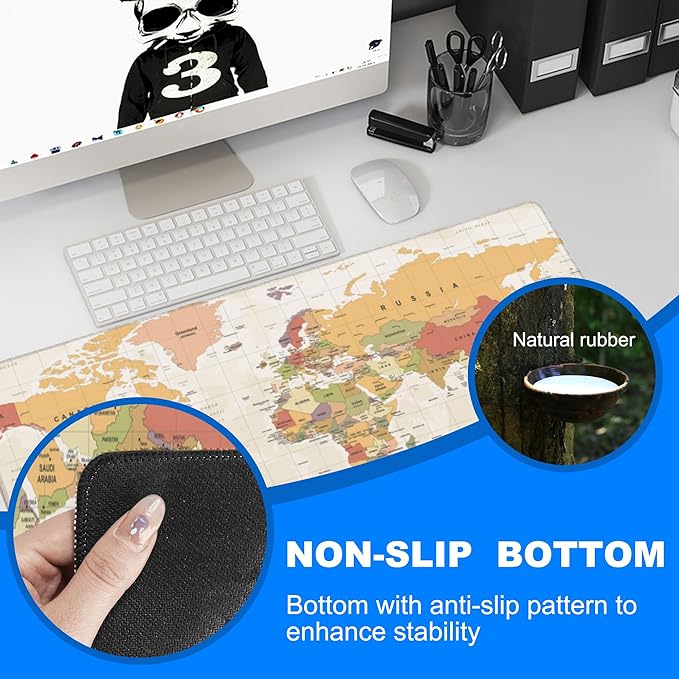 Desk Mat, Yellow Vintage World Map Extended Gaming Mouse Pad Large, 31.5"x11.8" Big Mouse Pad with Non-Slip Base and Stitched Edge, Long Computer Keyboard Mouse Mat for Home Office Work