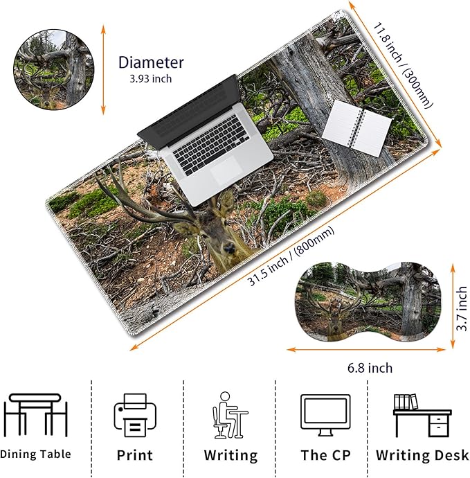 Durable Desk Mat + Wrist Rest Pad + Coasters Set, Large Gaming Office Mouse Pad 31.5 "x 11.8", Extended Non-Slip Rubber Keyboard Pad, Laptop & Home, Camouflage Giraffe