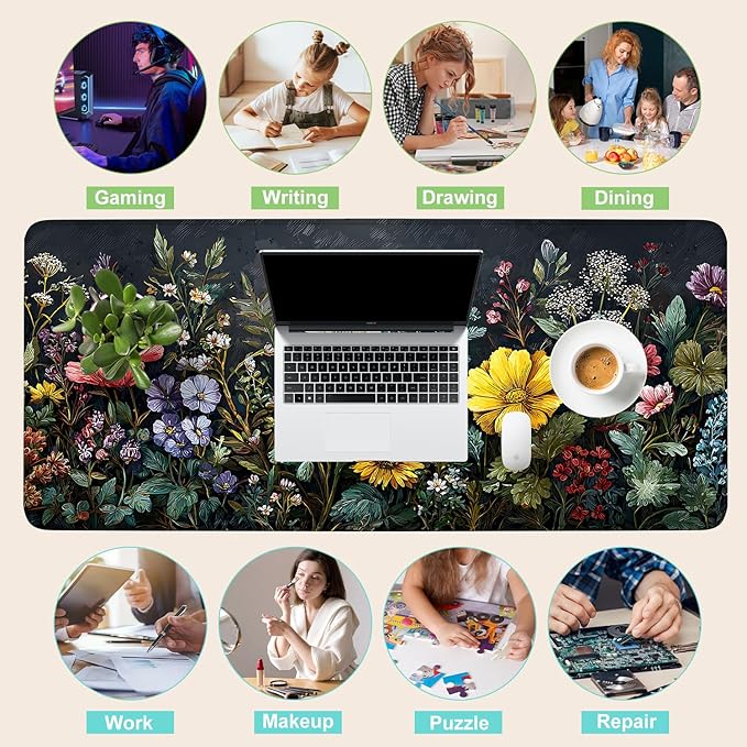 Desk Mat, XXL Extended Gaming Pad for Desktop, 31x12 Inches Vibrant Floral Colorful Flower Bouquet, Large Non-Slip Vegan Leather Surface with Stitched Edges, Keyboard Mouse Mat for Home Office